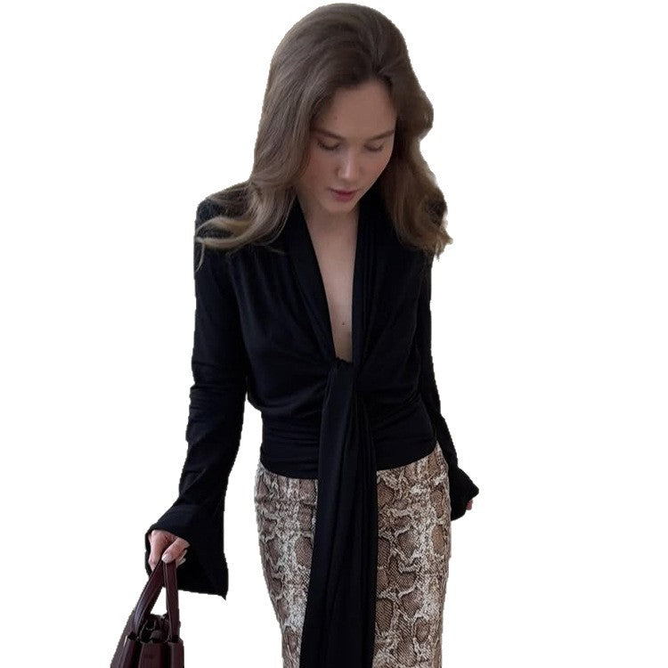 Women's wrap blouse with deep V-neck, long tie ribbons and ruffle sleeves Chichicherry