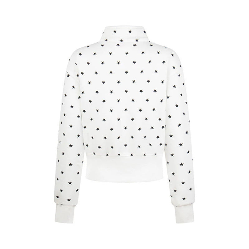 Women's Short Zipper Sweat Jacket with Stand-Up Collar, Allover Star Print and Statement Front Print Chichicherry