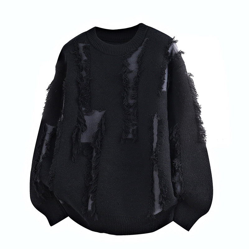 Men's Oversized Knit Sweater with Fringe Applications and Balloon Sleeves Chichicherry