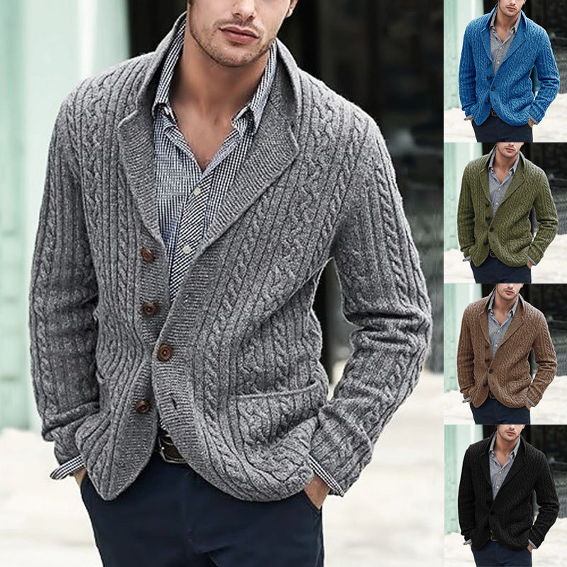 Men's Cable Knit Blazer with Shawl Collar and Button Placket Chichicherry