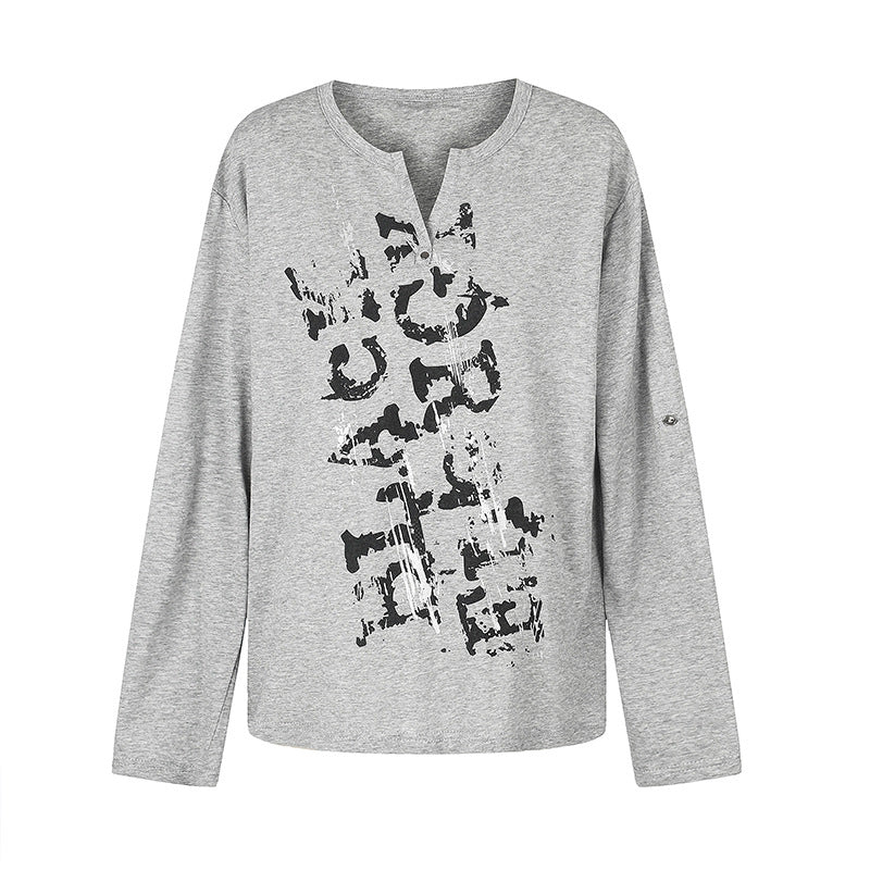 Women Long Sleeve Shirt with Notch Neckline and Vintage Print Chichicherry
