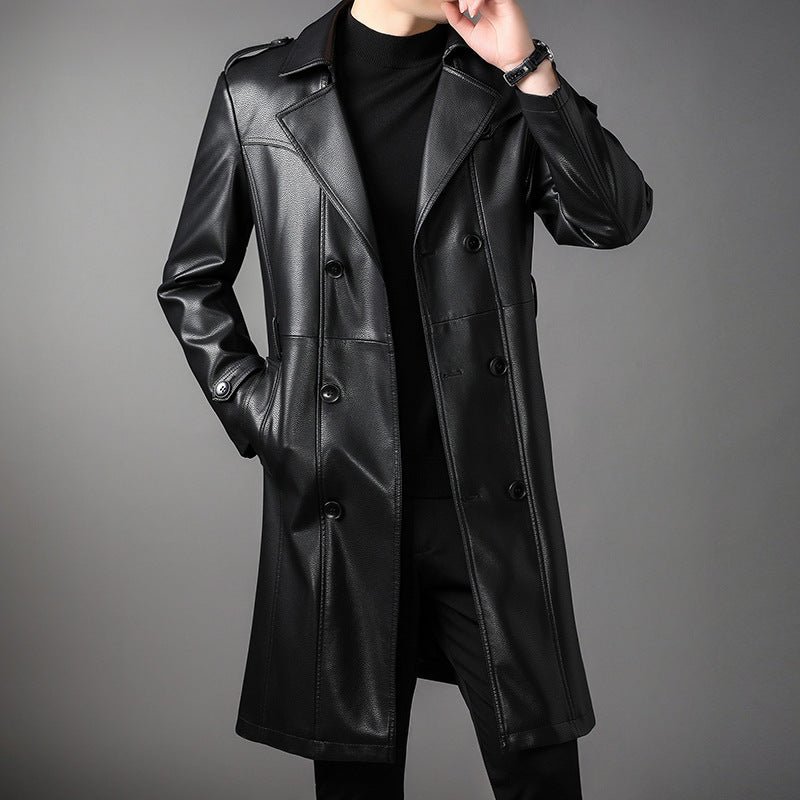 Men's Long Leather Trench Coat with Waist Belt and Double-Breasted Button Placket Chichicherry
