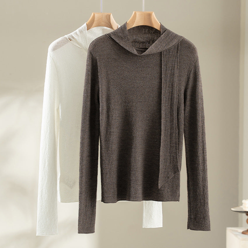 Women's fine knit pullover with asymmetrical tubular collar and draped scarf section Chichicherry