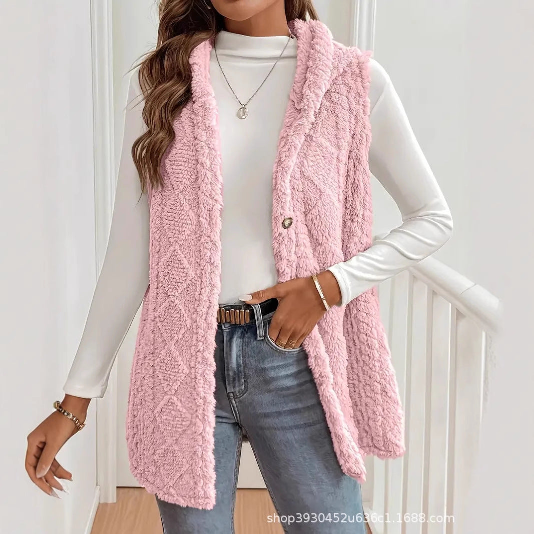 Women Fleece Lined Teddy Vest with Hood and Button Closure Chichicherry