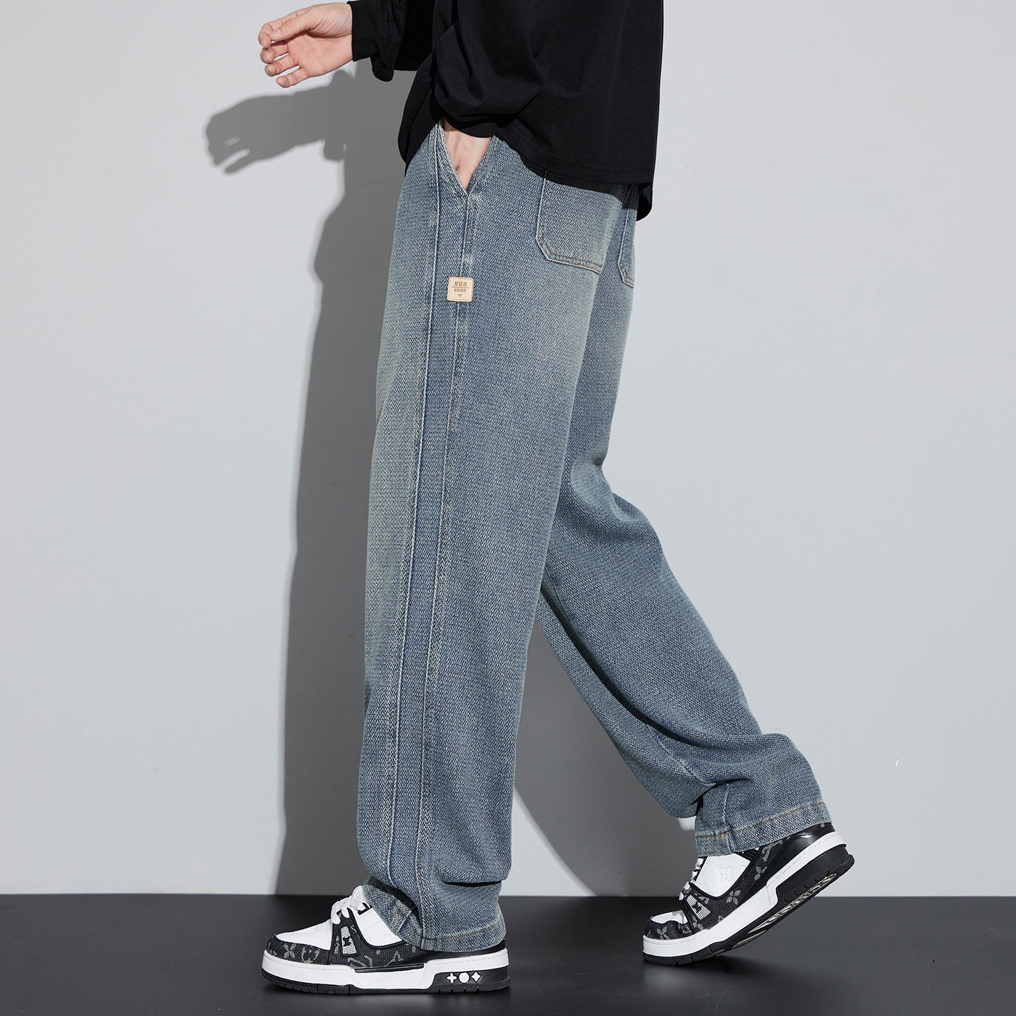 Men's Wide Denim Jogging Pants with Woven Drawstring and Herringbone Texture Chichicherry