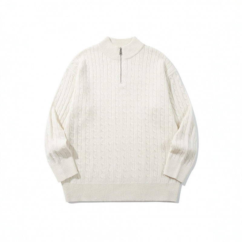 Unisex Oversize Braided Knit Half-Zip Sweater with Short Stand-Up Collar and Wide Ribbed Hem Chichicherry