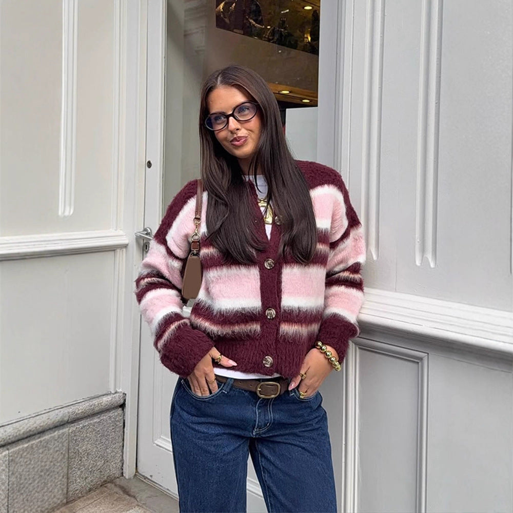 Women's Striped Mohair Blend Knit Cardigan with Button Placket and Cozy Cropped Cut Chichicherry