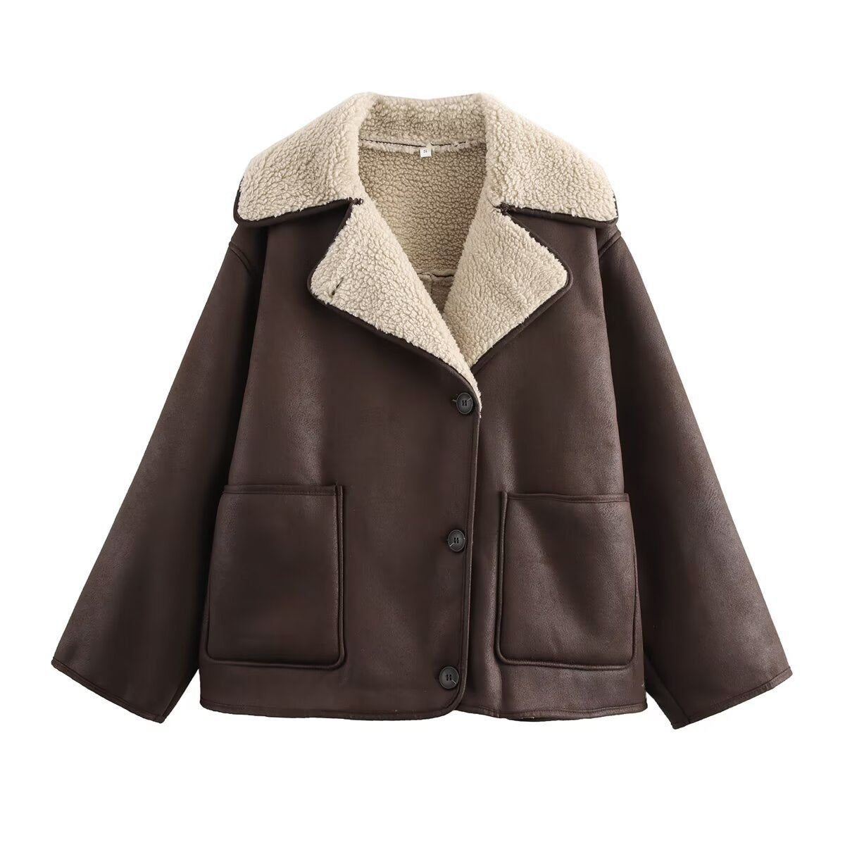Women’s short jacket in boxy cut made of suede imitation with teddy lining and large flap pockets Chichicherry