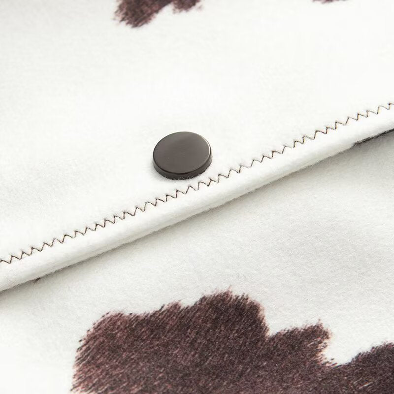 Women's Cropped Shirt Jacket in Boxy Cut with Cow Spot Print and Press Stud Placket Chichicherry