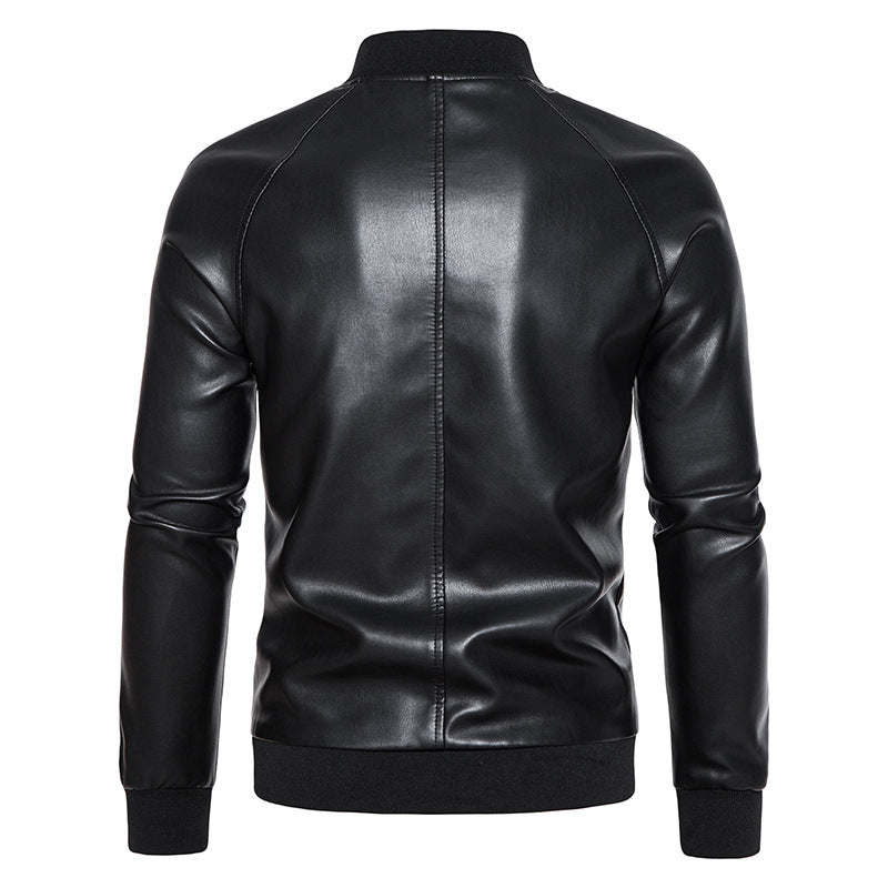 Men's Faux Leather Bomber Jacket in Slim Fit with Ribbed Cuffs and Concealed Zipper Placket Chichicherry