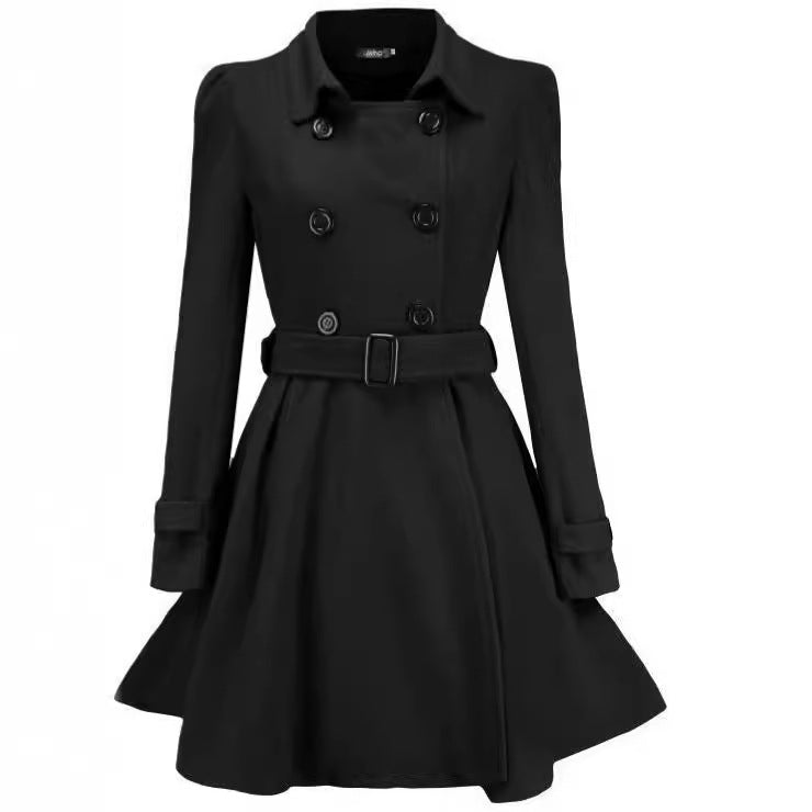 Women's Tailored Double-Breasted A-Line Coat with Tie Belt and Flared Skirt Chichicherry