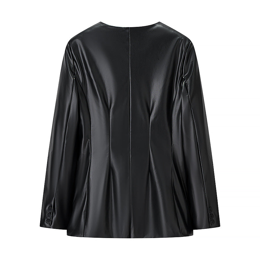 Women Fitted Blazer Jacket in Leather Look with Single Button and Contouring Darts Chichicherry