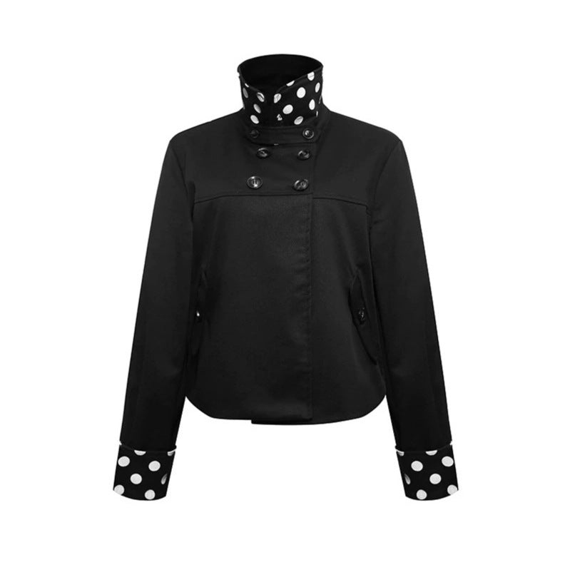 Women Short Double-Breasted Jacket with Stand-Up Collar and Polka-Dot Lining Chichicherry