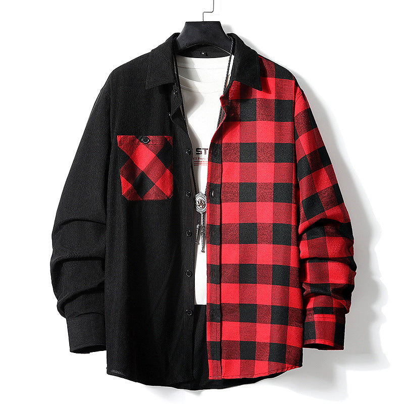 Men's Half-Split Overshirt in Lumberjack Check with Contrasting Solid Side, Chest Pocket, and Continuous Button Placket Chichicherry
