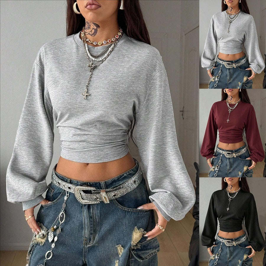 Women's Cropped Sweatshirt with Waist Gathering and Wide Raglan Sleeves Chichicherry