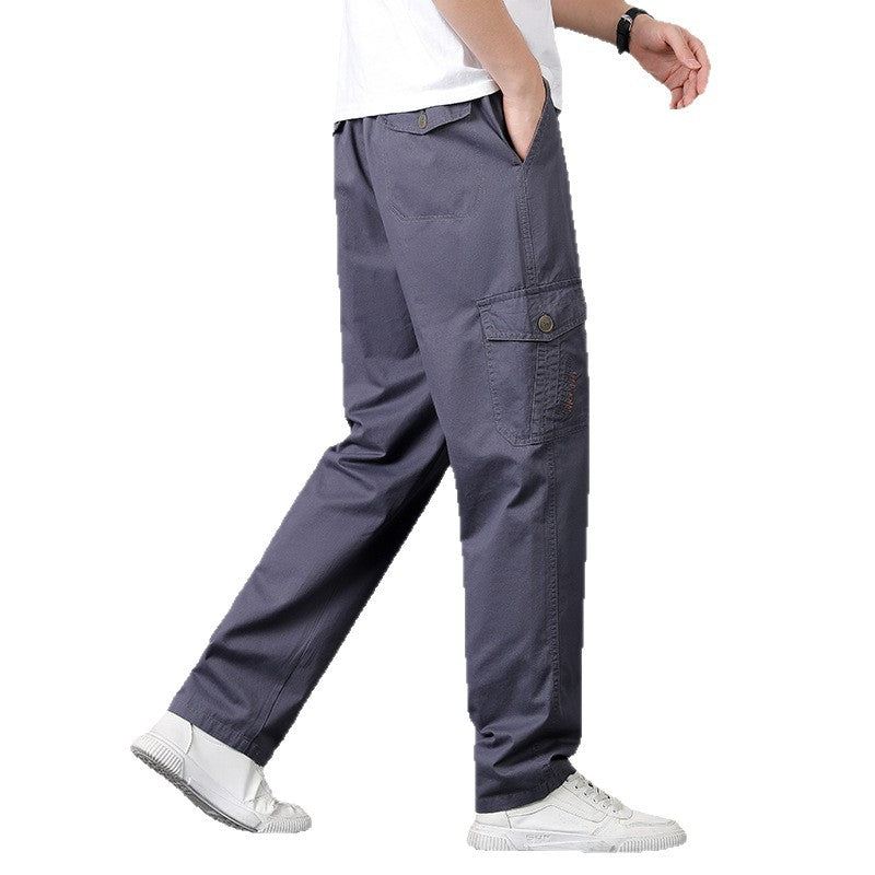 Men's Wide Cargo Pants with Elastic Waistband, Flap Pockets & Straight Leg Chichicherry