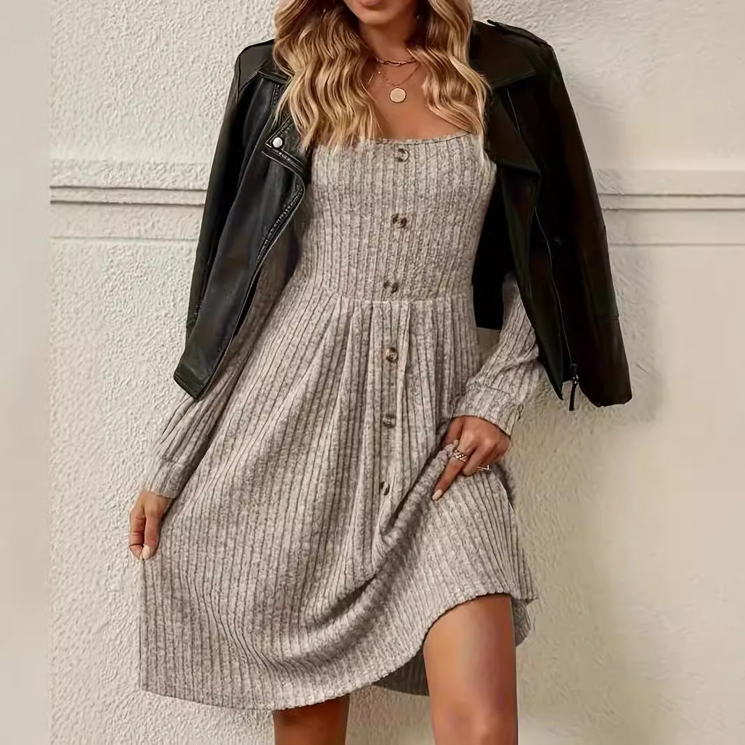 Women Tailored Ribbed Knit Midi Dress with Boat Neck and Decorative Button Placket Chichicherry