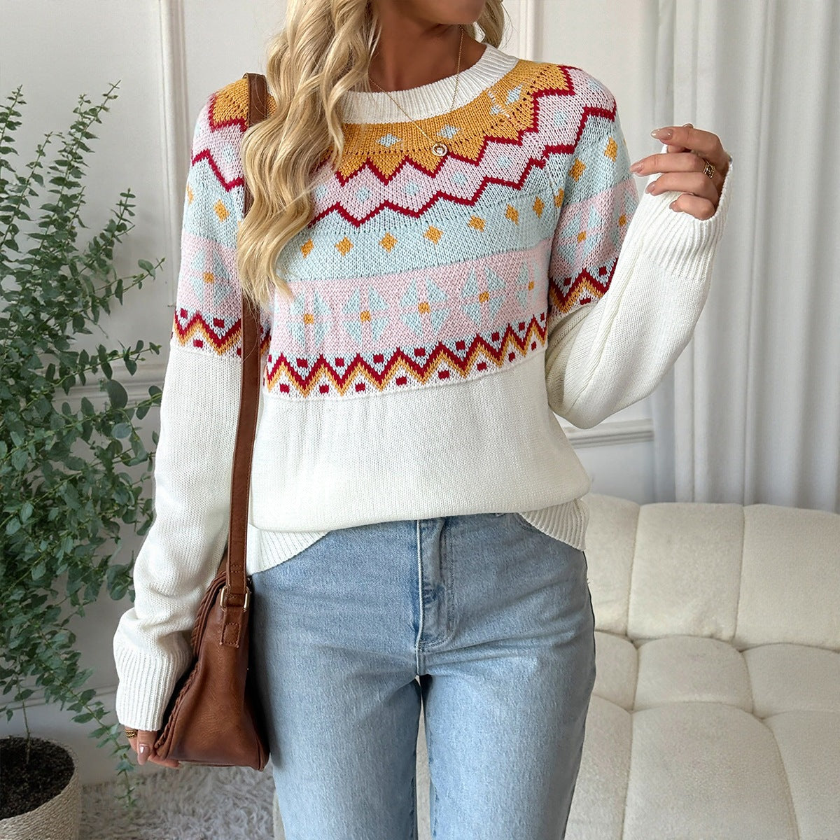 Women's Fair-Isle Knit Sweater with Round Neck, Long Sleeve & Relaxed Fit Chichicherry