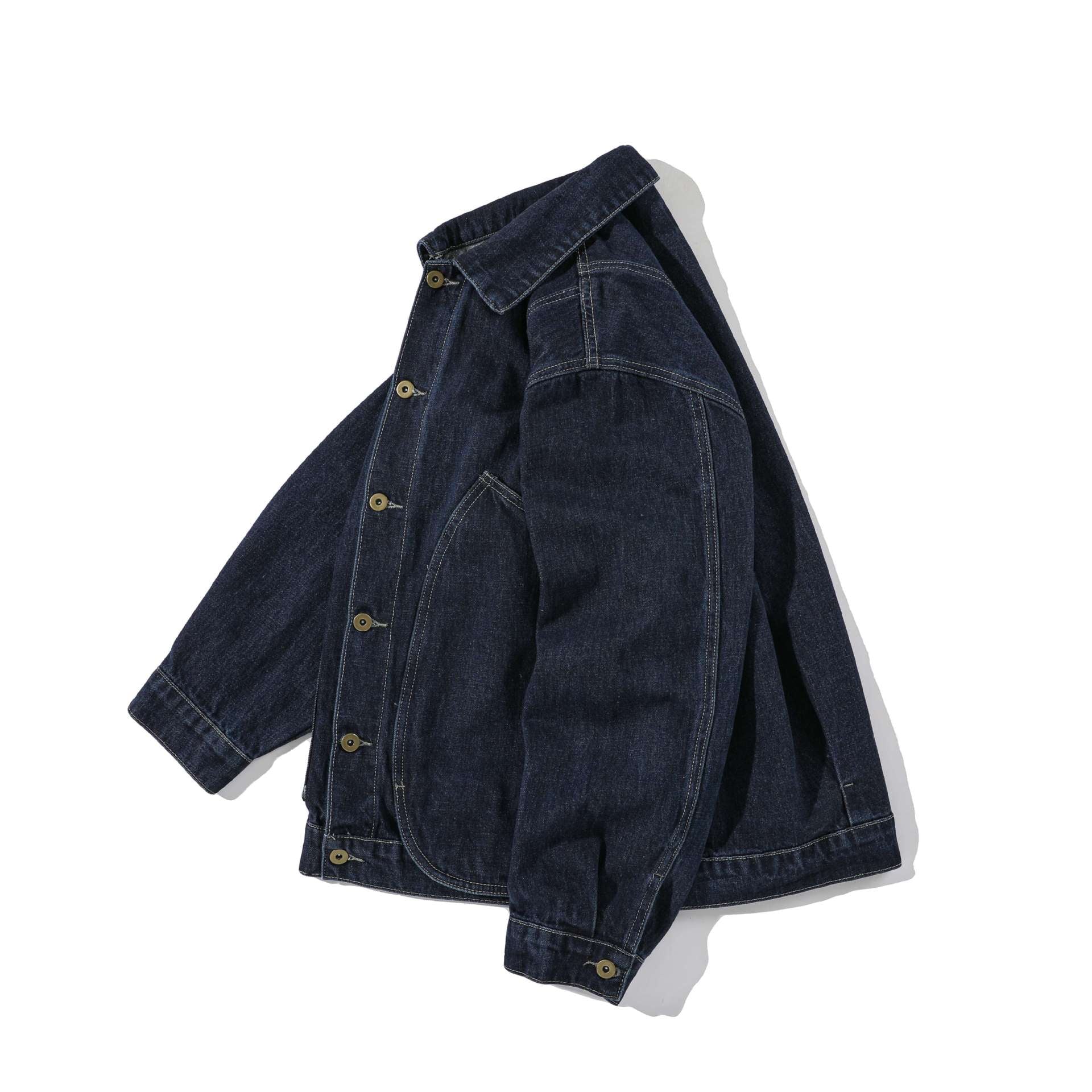 Unisex Boxy Denim Jacket in Workwear Style with Distinctive Round Pockets Chichicherry