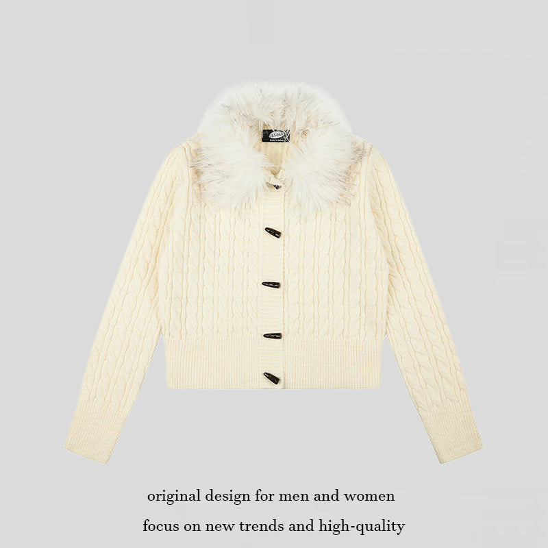 Women's Short Cable Knit Cardigan with Removable Faux Fur Collar and Toggle Button Closure Chichicherry