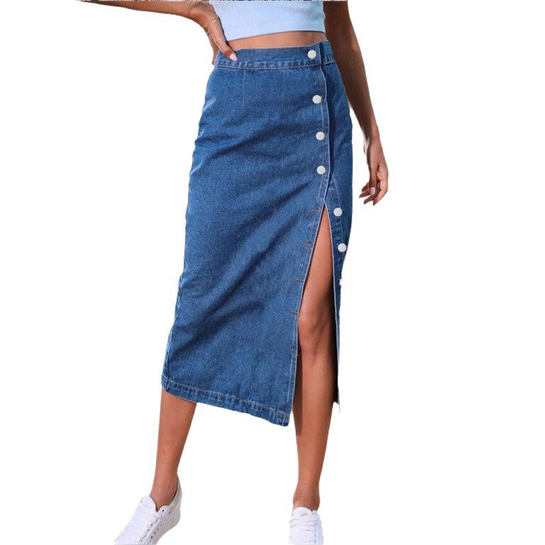 Ladies jeans midi skirt with side button placket and high thigh slit Chichicherry