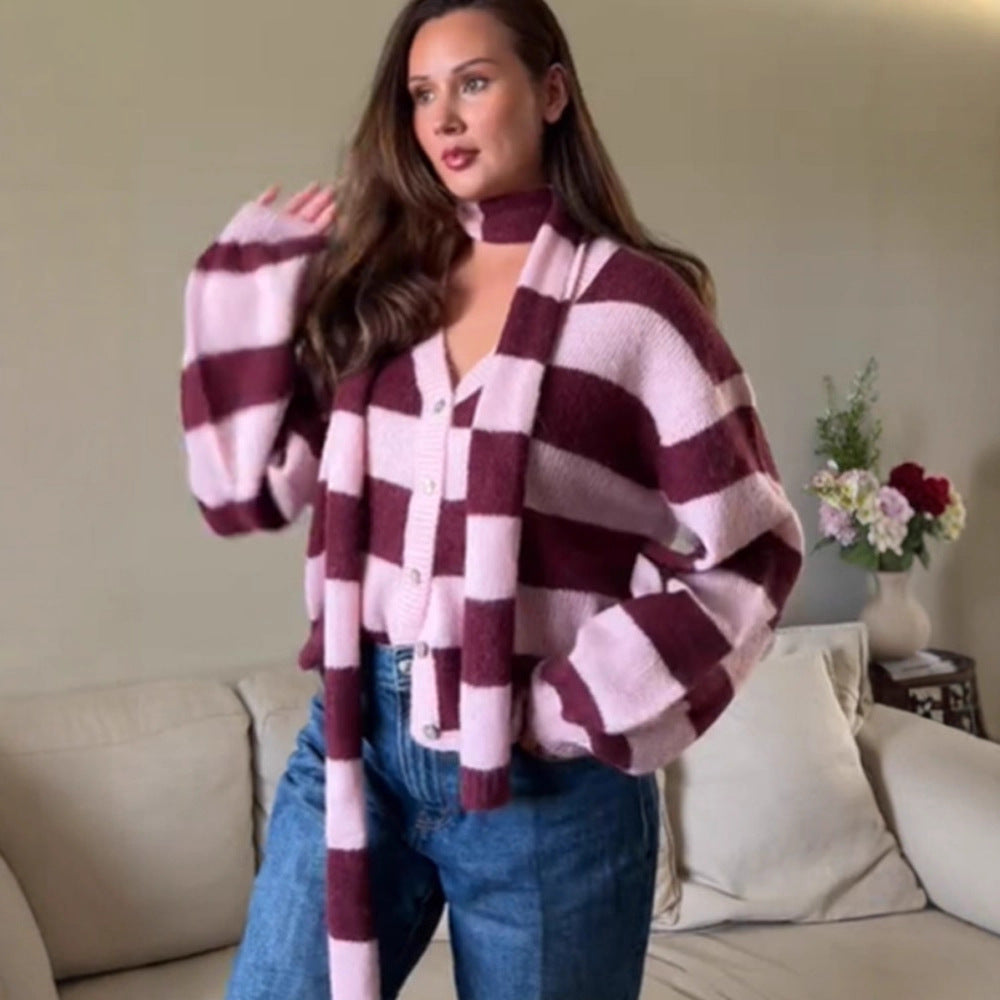 Women's Oversized Knit Cardigan Set with Block Stripes, Button Placket and Matching Scarf Chichicherry