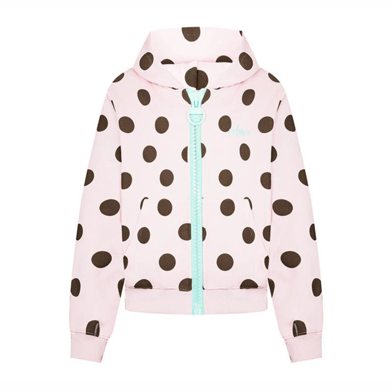 Women's cropped hooded zip jacket with large polka dot pattern and decorative zipper Chichicherry