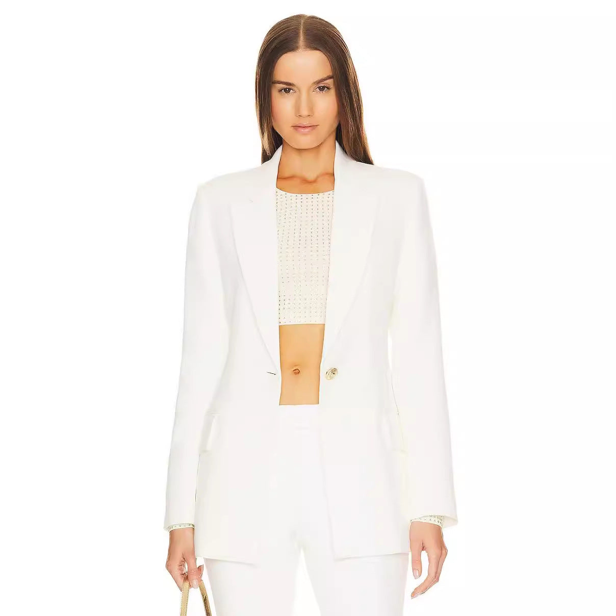 Women Two-piece Tailored Suit with Fitted One-button Blazer and Flared Trousers Chichicherry