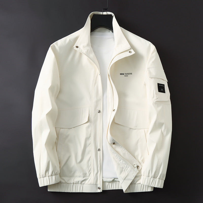 Men's Light Wind and Water-Repellent Field Jacket with Stand-Up Collar Sleeve Utility Pocket and Flap Pockets Chichicherry