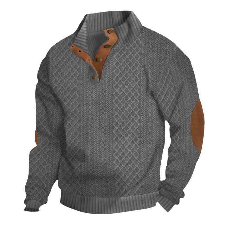 Men's Structured Aran Knit Sweater with Half Button Placket Collar and Leather Elbow Patches Chichicherry