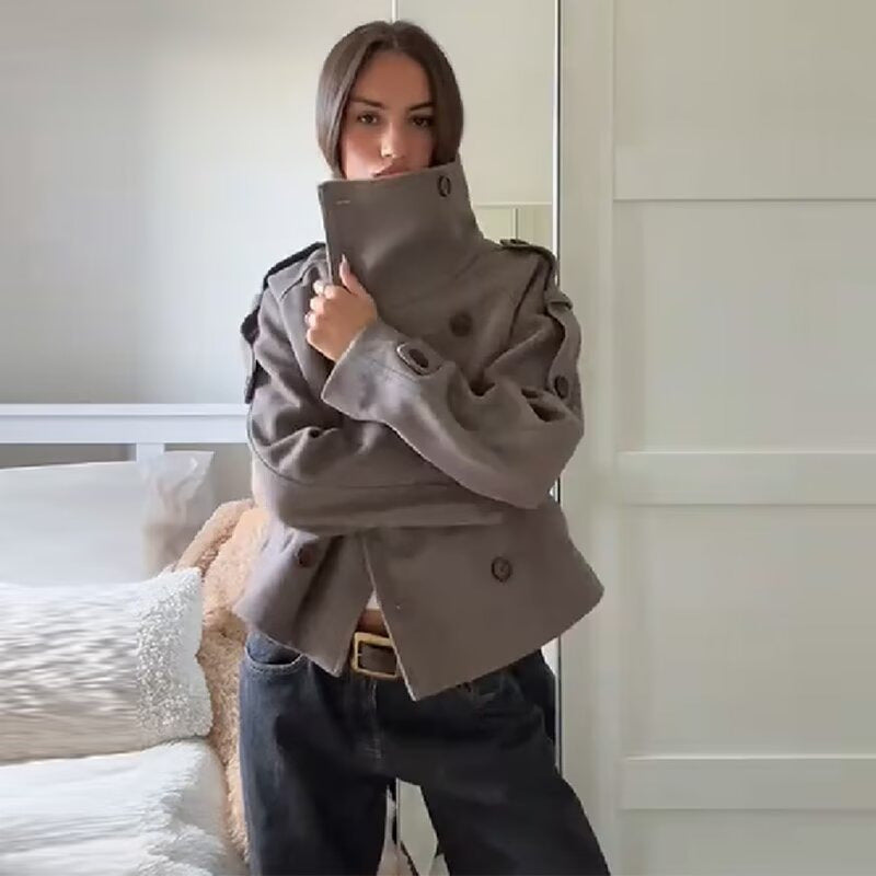 Women's Short Cut Double-Breasted Wool Blend Coat with High Standing Collar and Shoulder Straps Chichicherry