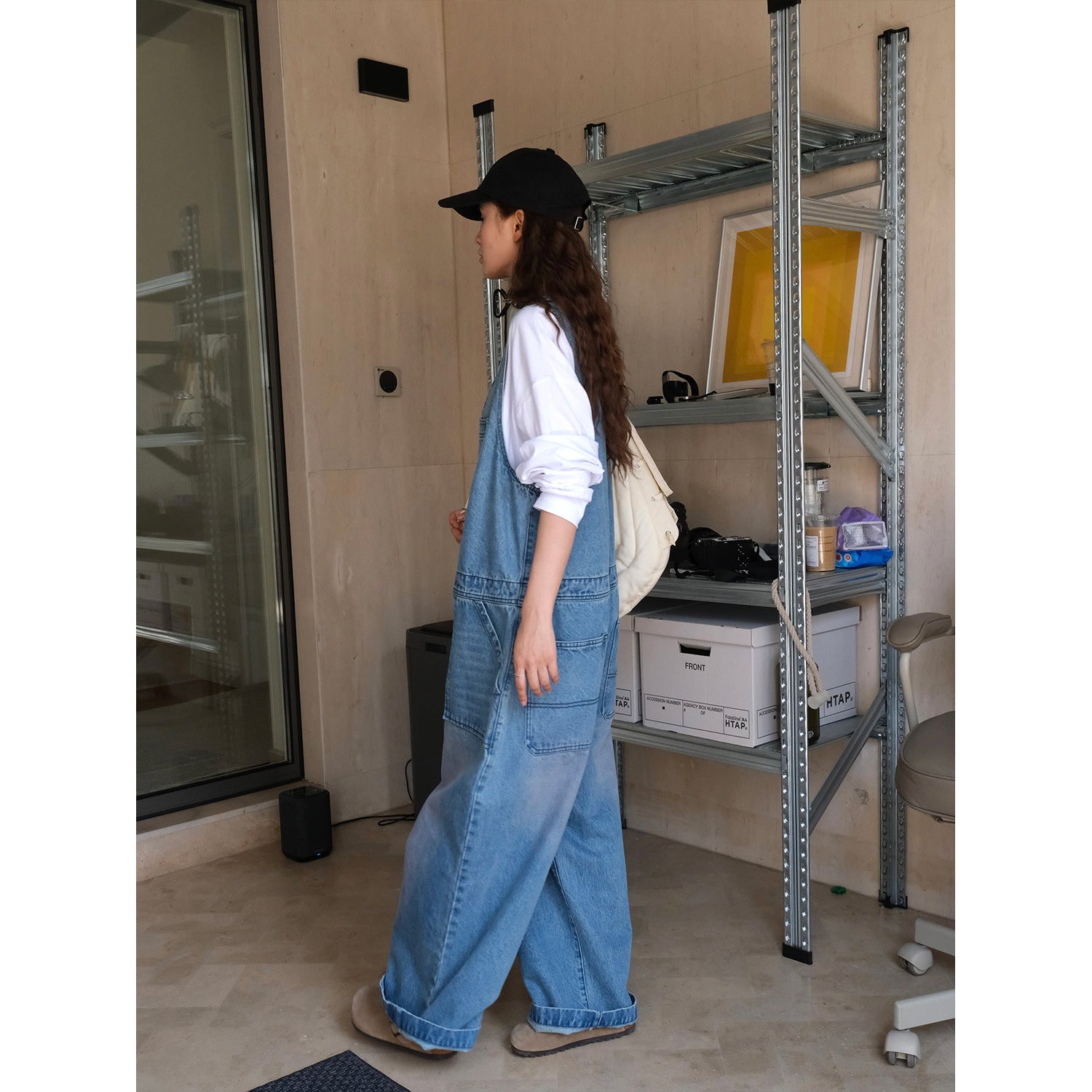 Women's Loose Denim Overalls in Baggy Style with Deep V-Neck and Button Placket Chichicherry