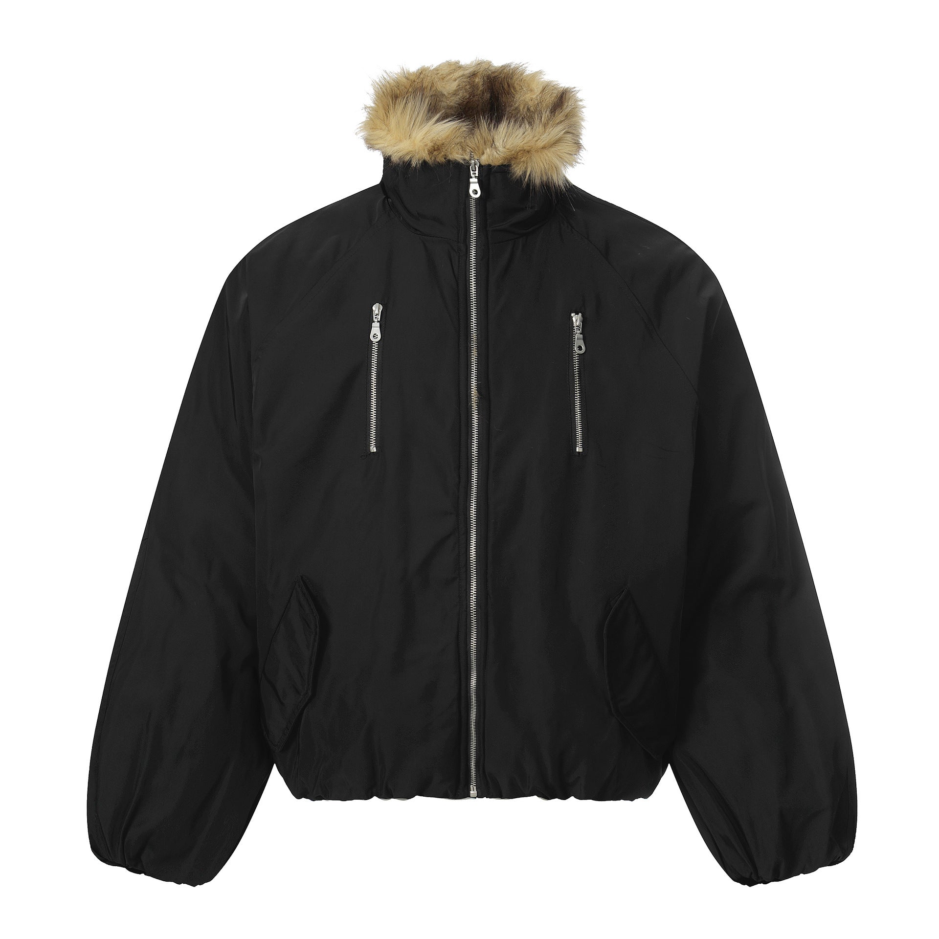Men's short-cut boxy puffer jacket with faux fur hood and vertical zip pockets Chichicherry