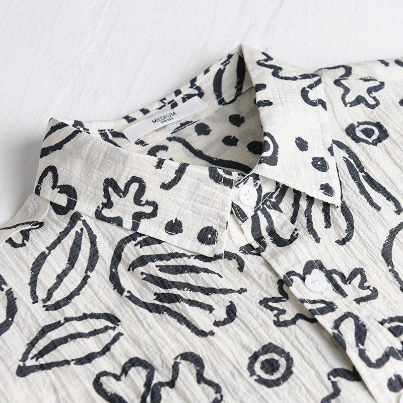Men's Loose Crinkle Shirt with Hand-Drawn Floral Print and Chest Pocket Chichicherry