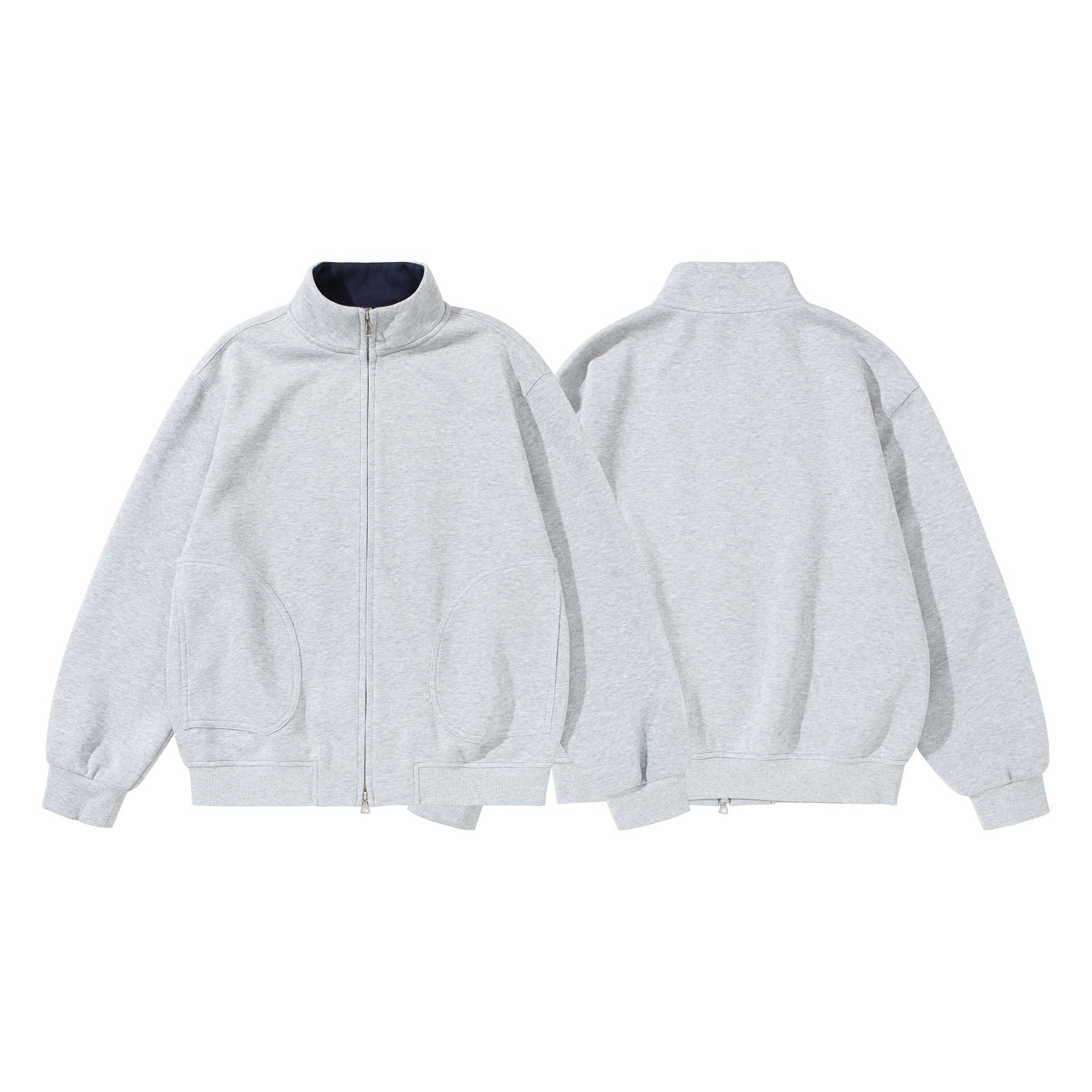 Unisex Oversize Sweat Jacket with Stand-up Collar, Two-way Zipper and Distinctive Half-round Pockets Chichicherry