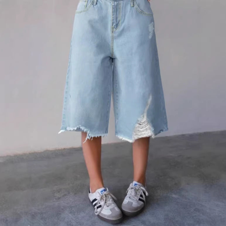 Women's Wide Denim Culotte with High Waist, Distressed Details and Raw Hem Chichicherry