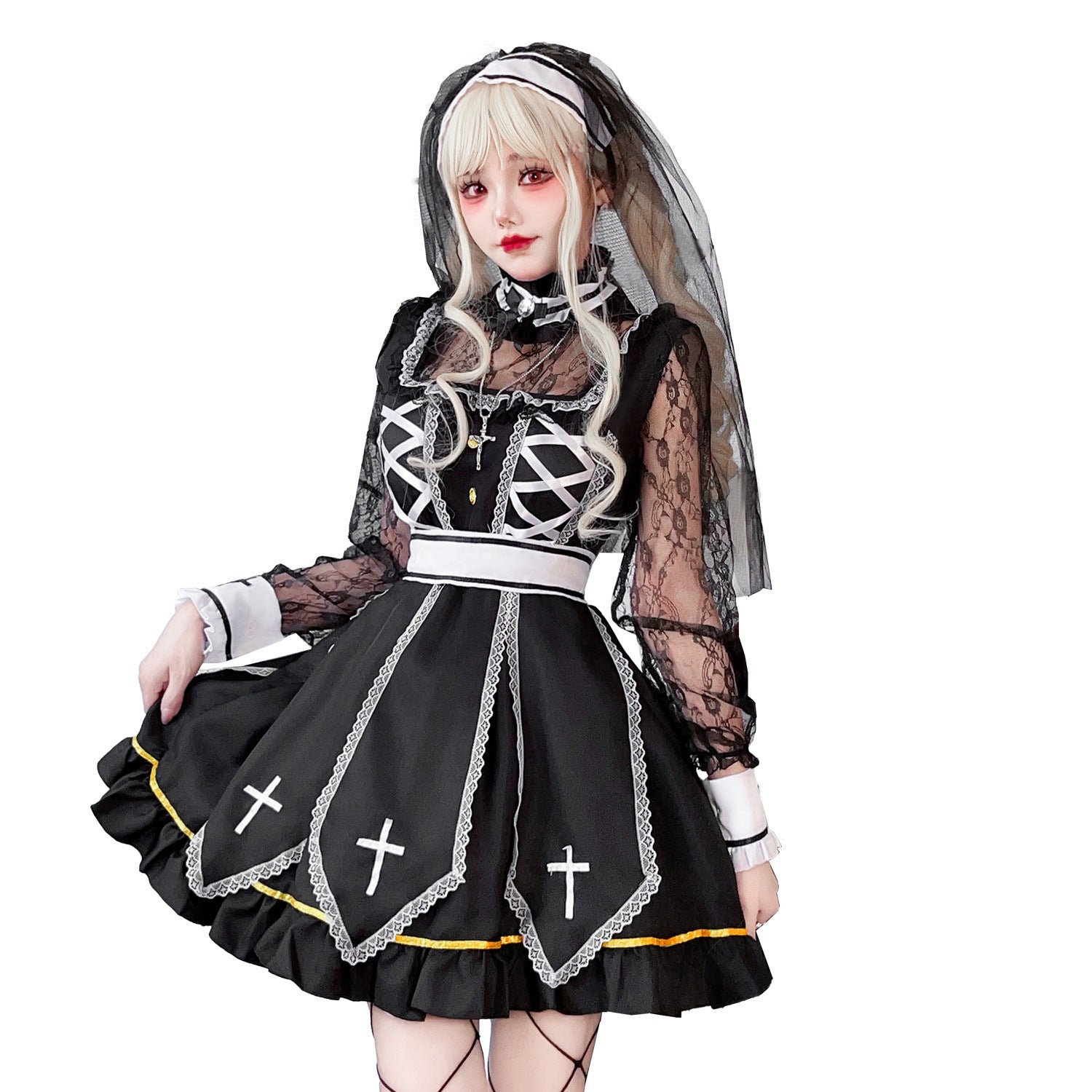 Women's Gothic Bridal Costume with Lace Sleeves and Elaborate Ruffles Chichicherry