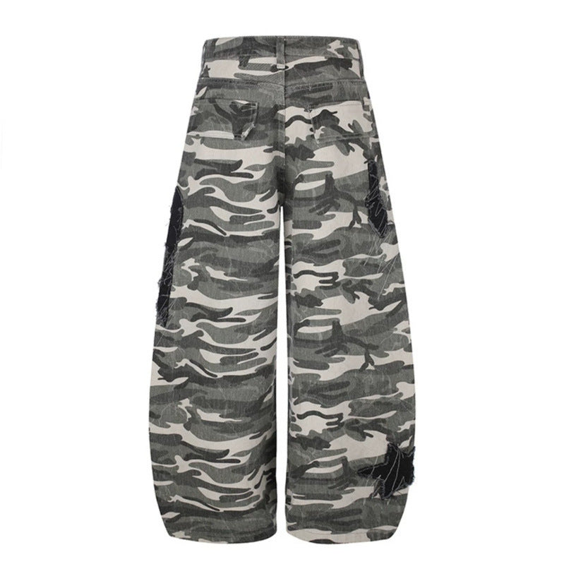 Women's Wide Camouflage Palazzo Pants with Balloon Hem and Decorative Stitch Details Chichicherry