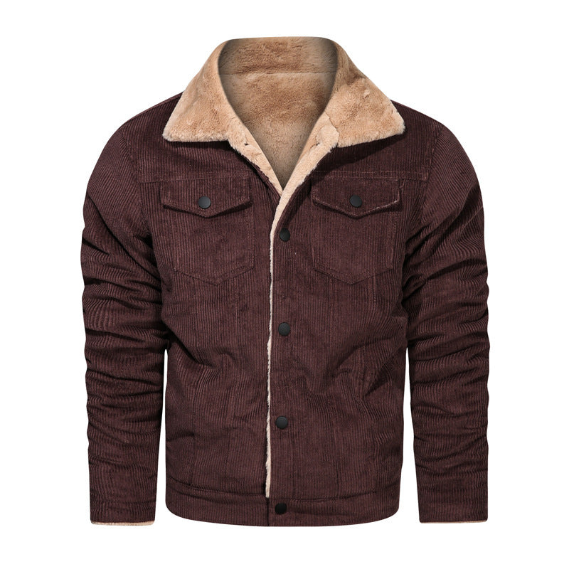 Men's Cord Truck Jacket with Teddy Lining and Snap Button Closure Chichicherry