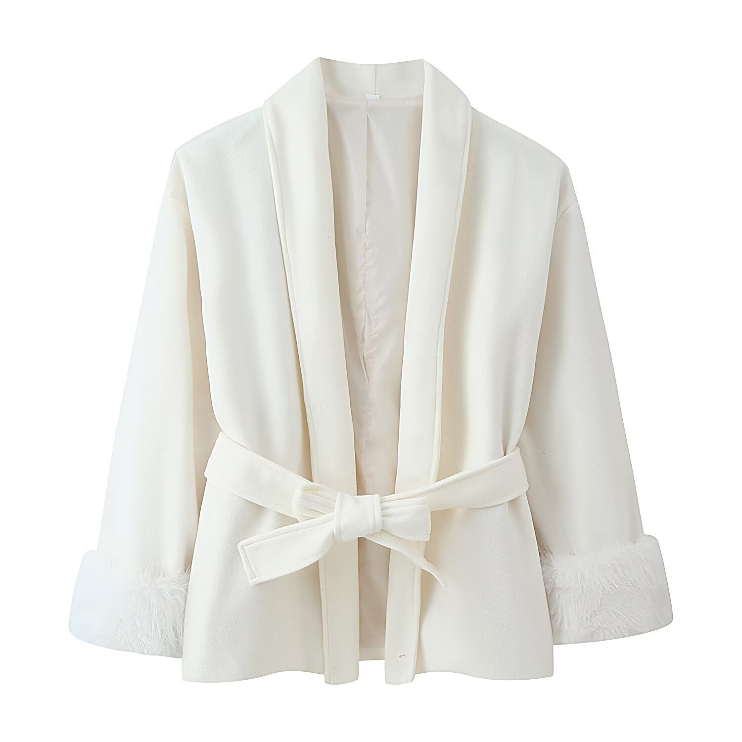 Women's wrap belt coat with shawl collar and faux fur cuffs Chichicherry