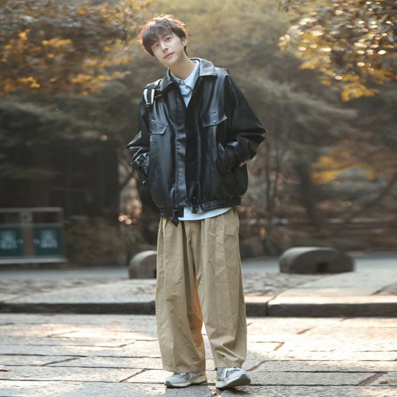 Herren Oversized Kunstleder Bomberjacke mit Pattentaschen Chichicherry