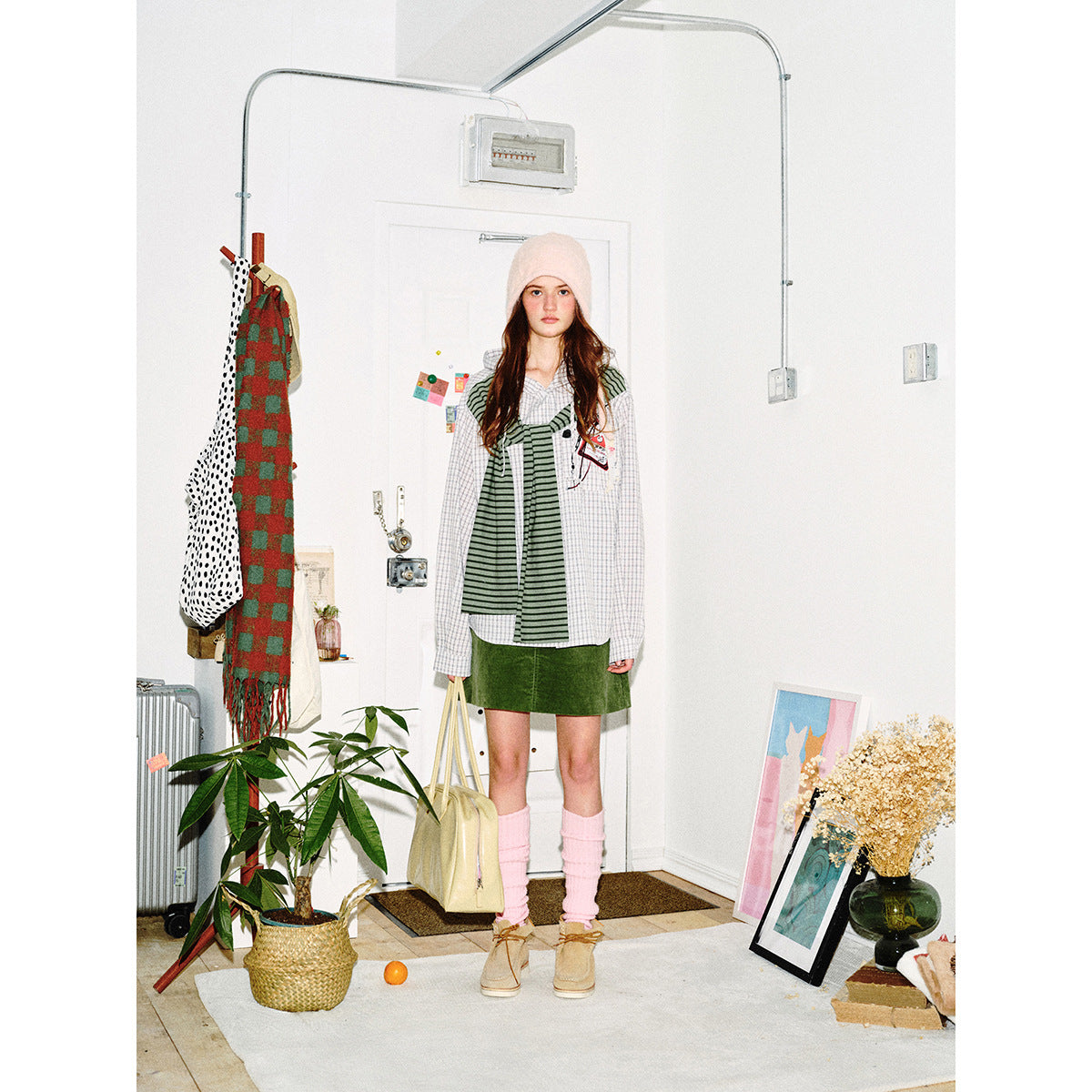Women's Hooded Checkered Blouse with Attached Striped Scarf Chichicherry