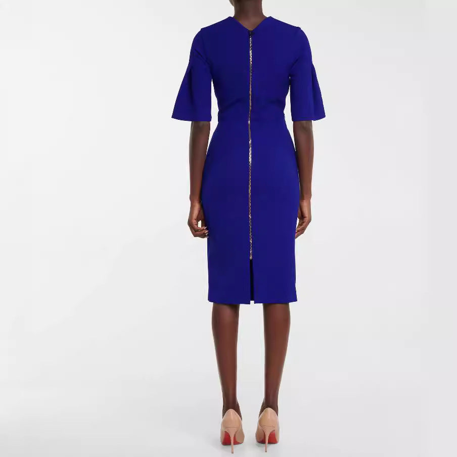 Women's figure-hugging midi dress with trumpet sleeves and round neckline Chichicherry