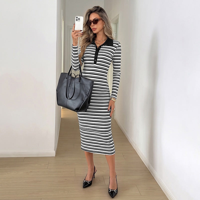 Women's Striped Bodycon Midi Dress with Polo Collar and Henley Button Placket Chichicherry