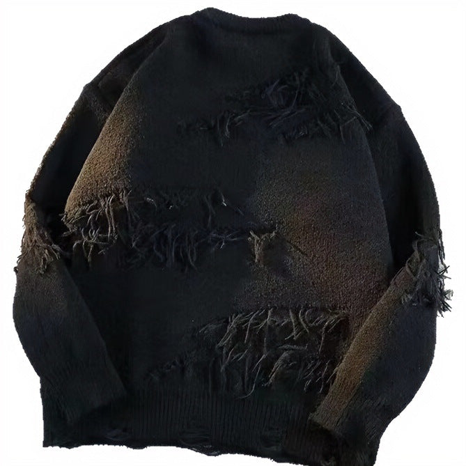 Unisex Oversized Rundhalspullover mit Destroy‑Fransen und geripptem Kragen Chichicherry