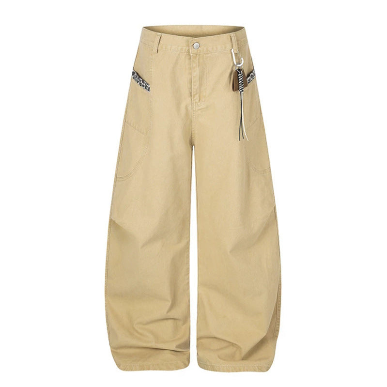 Women Extra Wide Palazzo Trousers with High Waist, Cargo Pockets and Decorative Keychain Chichicherry