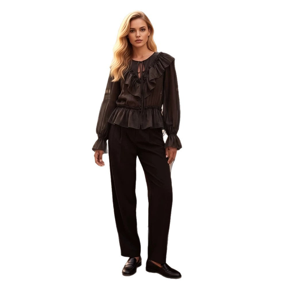 Women Ruffled transparent chiffon blouse with flounce peplum, long balloon sleeves and drawstring closure Chichicherry