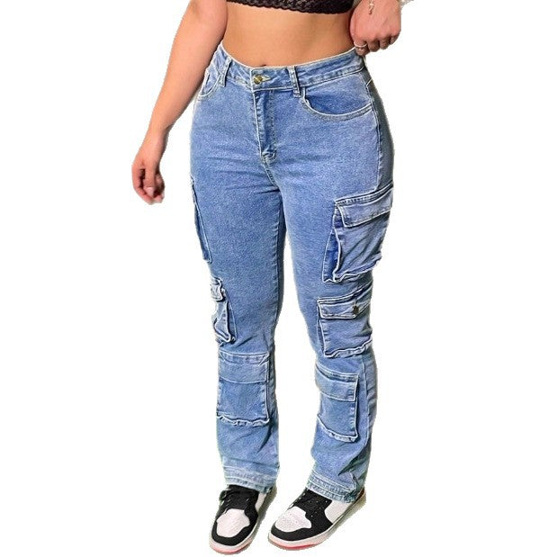 Women’s cargo denim pants with multiple flap pockets, knee panels, and high-waisted fit Chichicherry