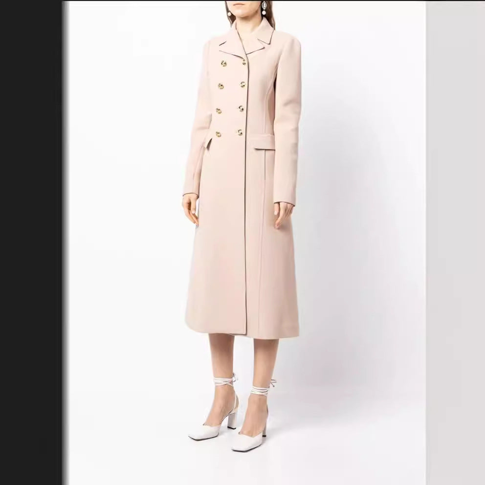 Women Tailored Double-Breasted Wool Blend Coat with Delicate Decorative Buttons and Flap Pockets Chichicherry