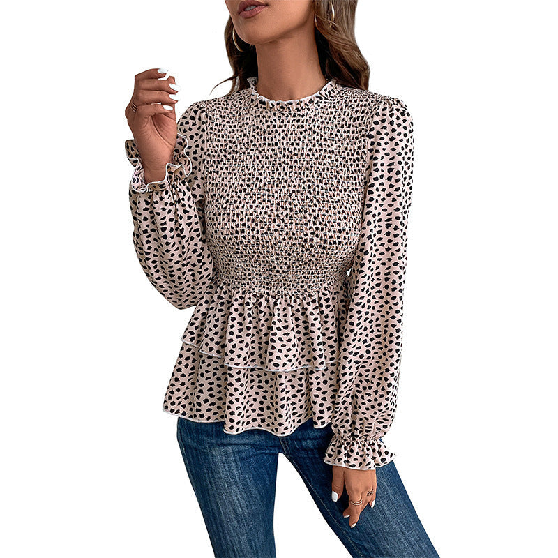 Women's Smocked Ruffle Blouse with Ruffled Waist and Long Sleeves Chichicherry